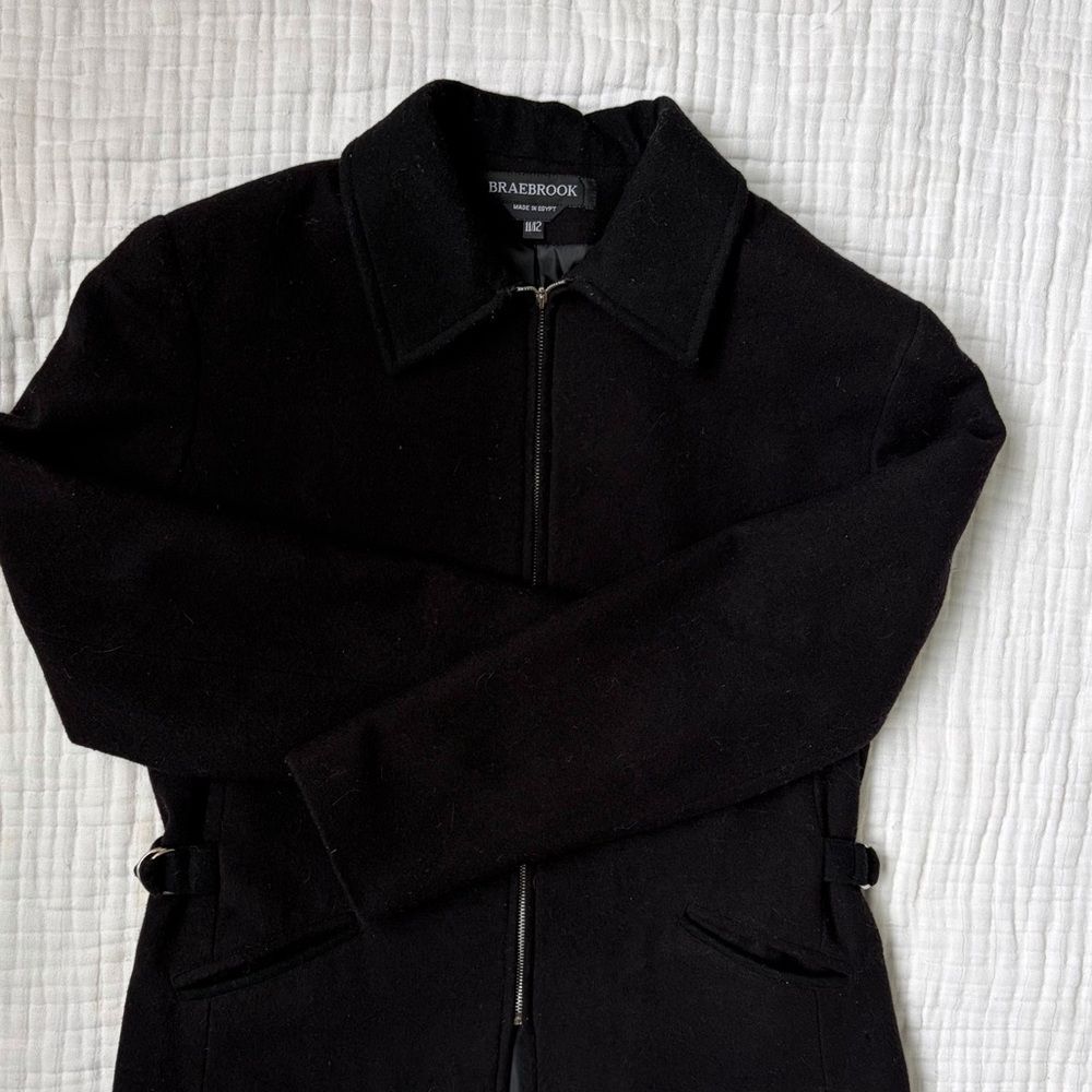 Vintage Wool Blend Jacket Black Zip Up Belted Women M/L 90s
